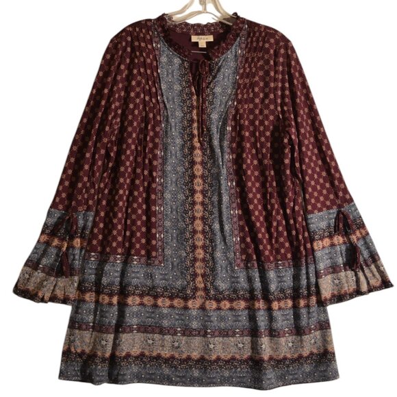 Style & Co Bohemia Style Ruffle Collar V-Neck Lace Burgundy-Gray Floral Blouse L - Picture 1 of 8